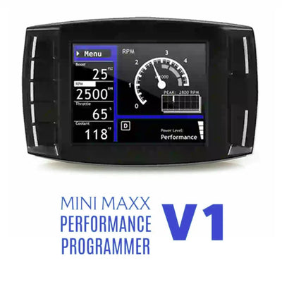 Mini Maxx V1 performance programmer displaying RPM, throttle and coolant data on a digital screen with black casing.